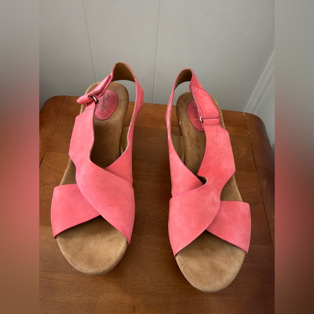 Clarks Artisan Cork Wedge Sandals Womens 10 Pink Leather